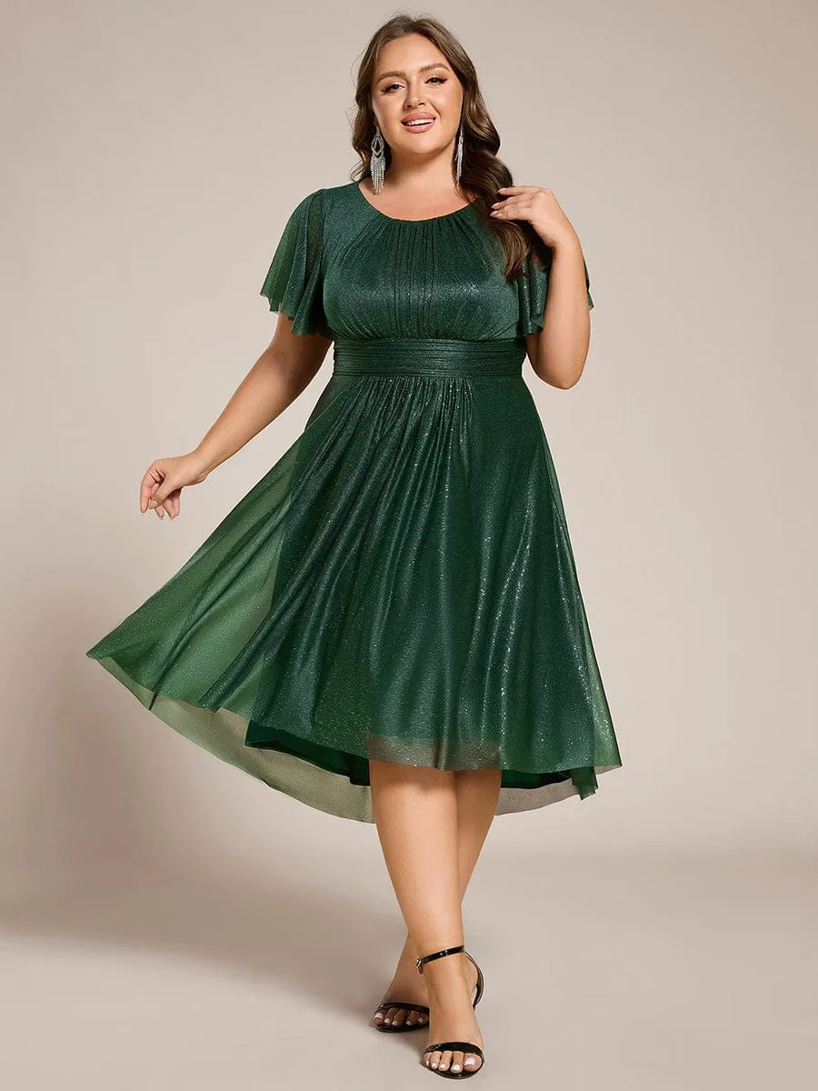 Plus Size Sequin Round Neck Asymmetrical Midi Wedding Guest Dress