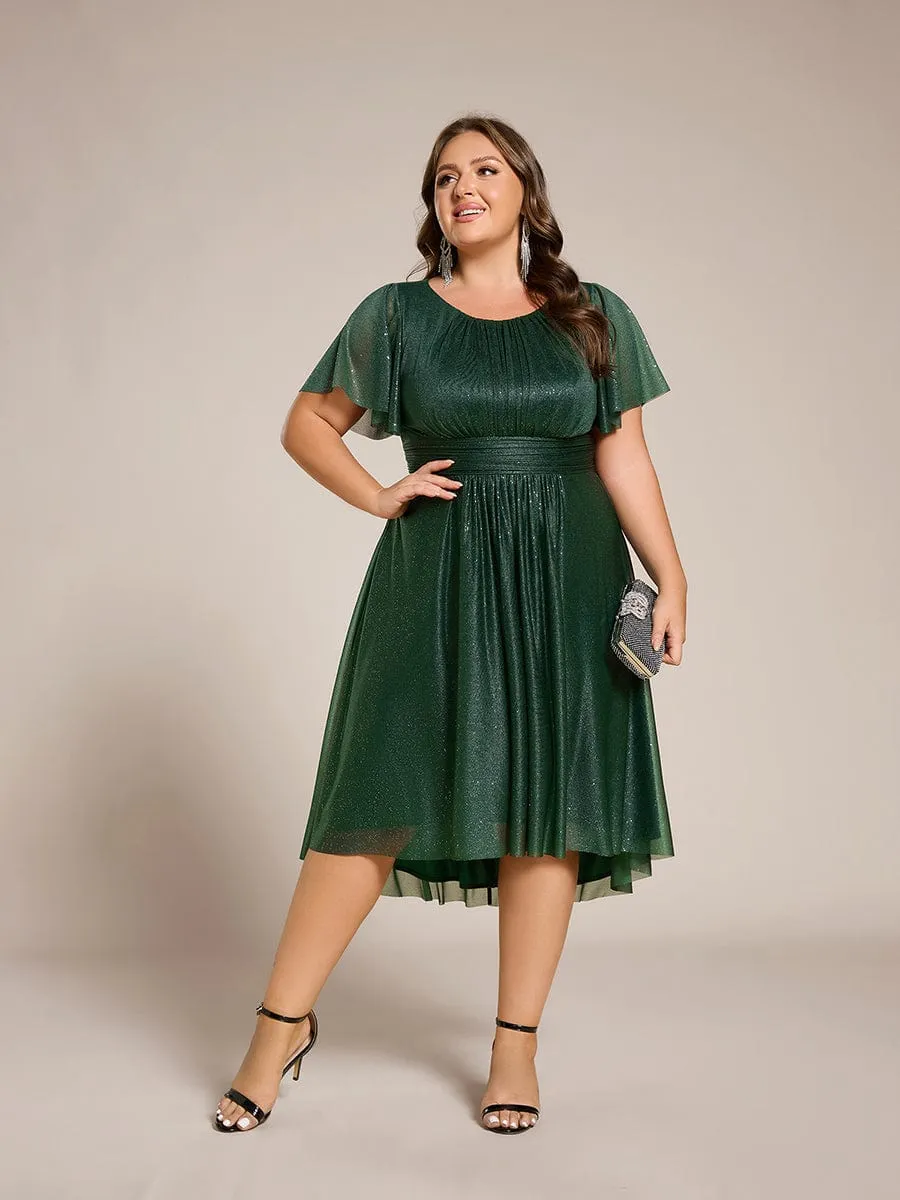 Plus Size Sequin Round Neck Asymmetrical Midi Wedding Guest Dress