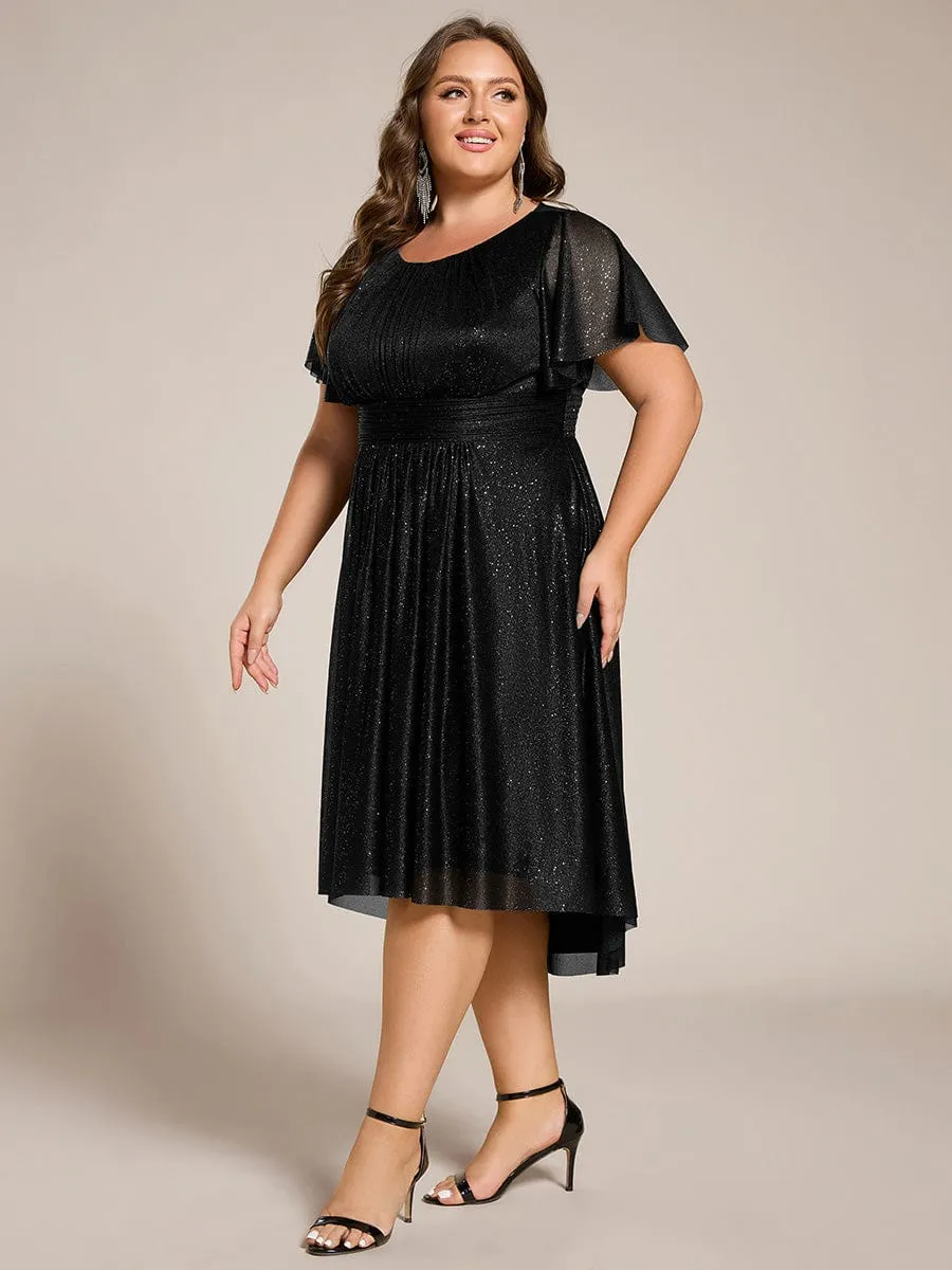 Plus Size Sequin Round Neck Asymmetrical Midi Wedding Guest Dress