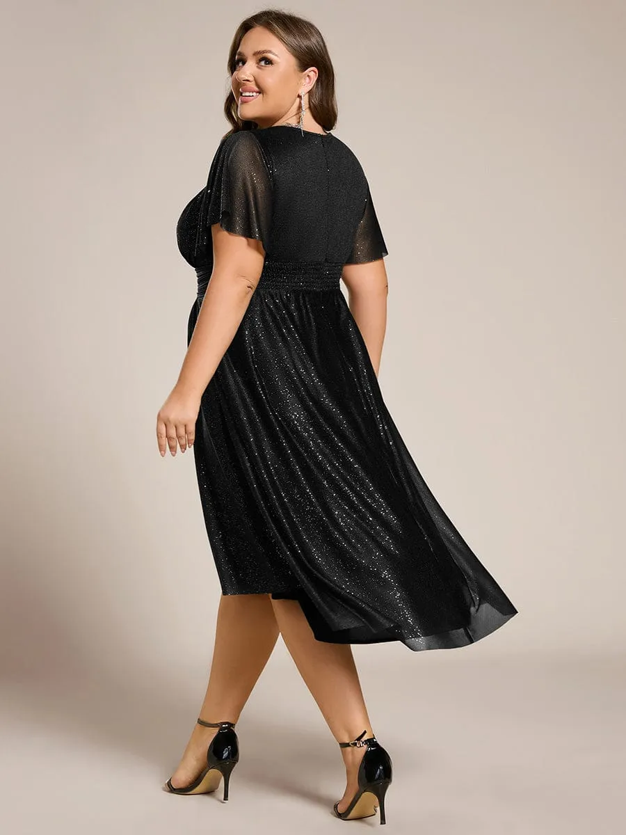 Plus Size Sequin Round Neck Asymmetrical Midi Wedding Guest Dress