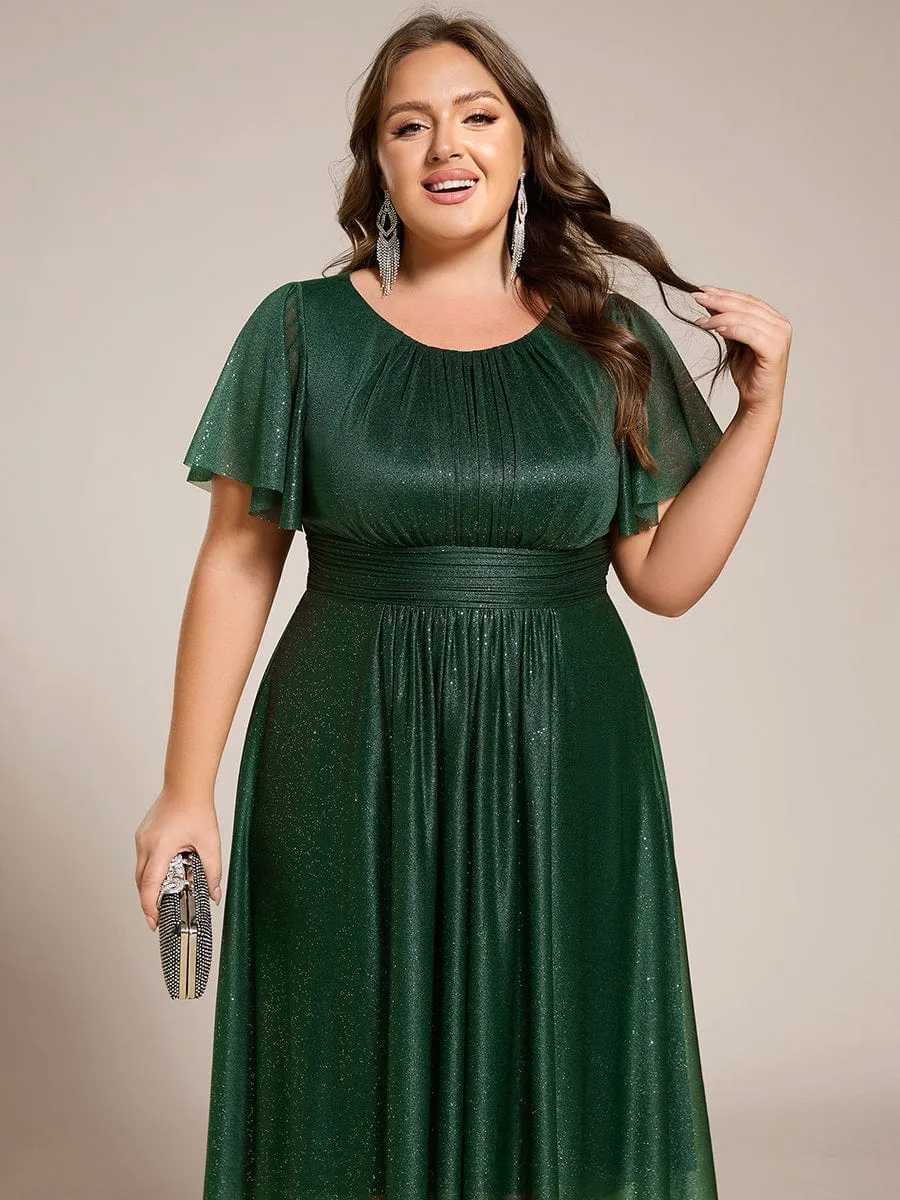 Plus Size Sequin Round Neck Asymmetrical Midi Wedding Guest Dress