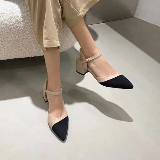 Pointed Toe Low Chunky Heels Pump Shoes