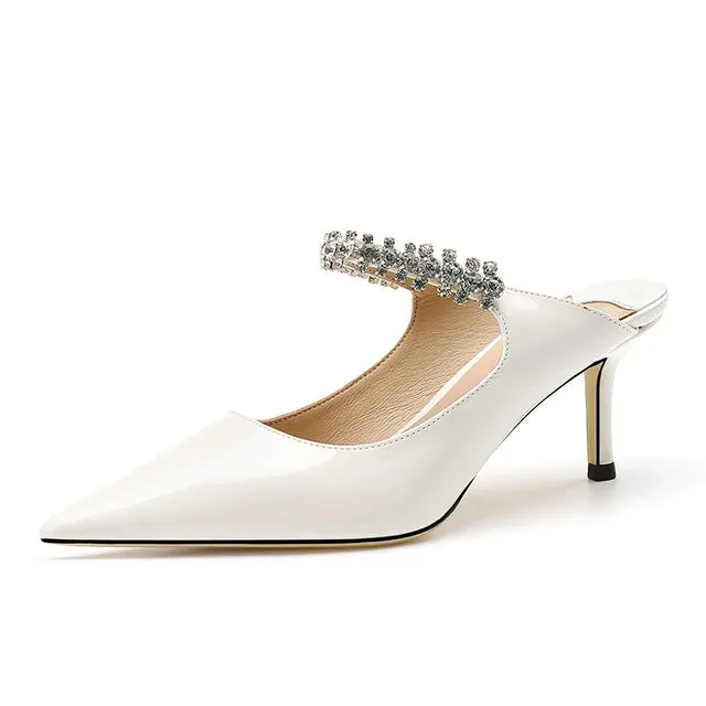 Pointed Toe Patent Diamante Strap Mule Heels