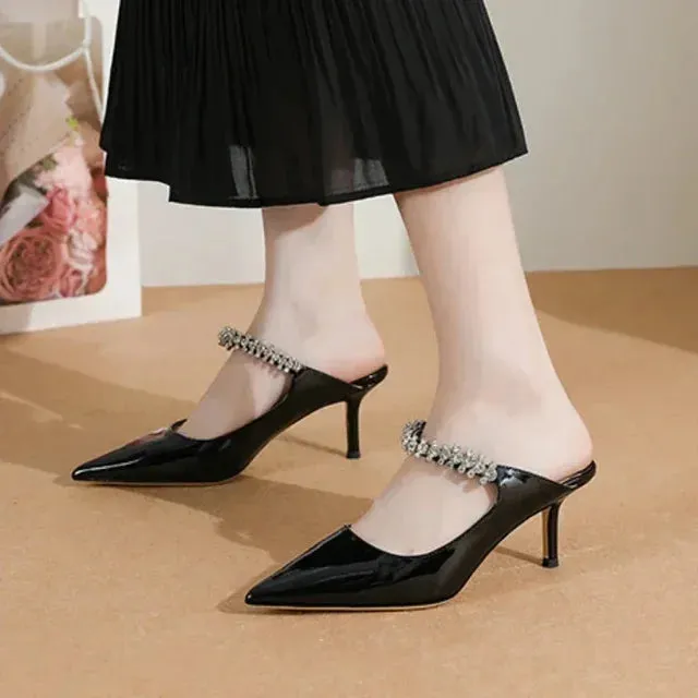 Pointed Toe Patent Diamante Strap Mule Heels