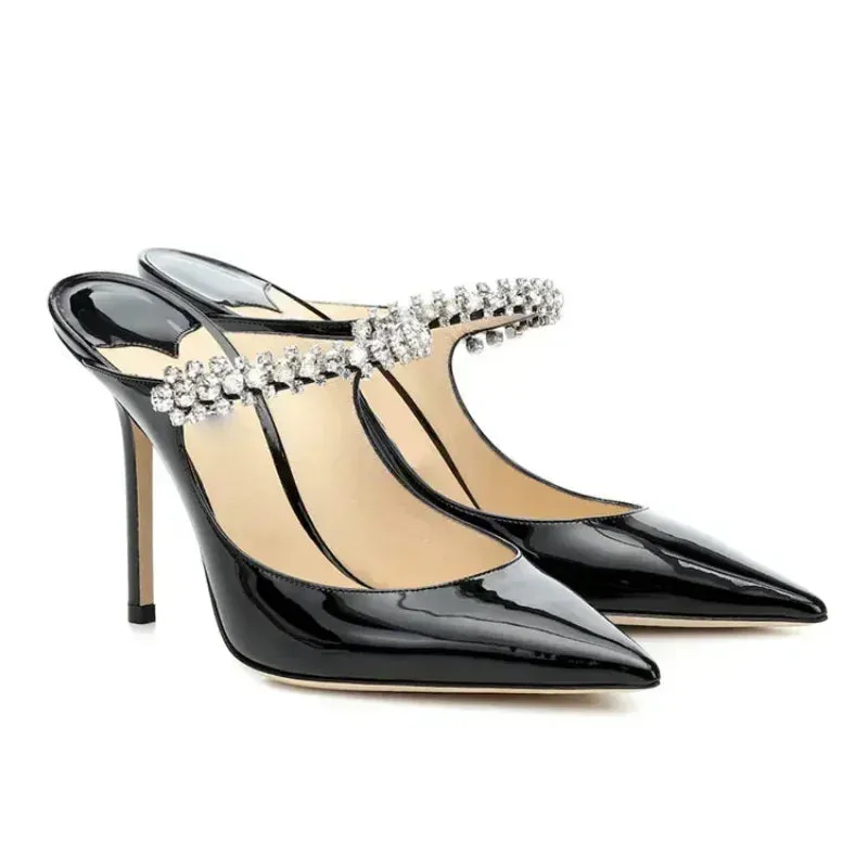 Pointed Toe Patent Diamante Strap Mule Heels