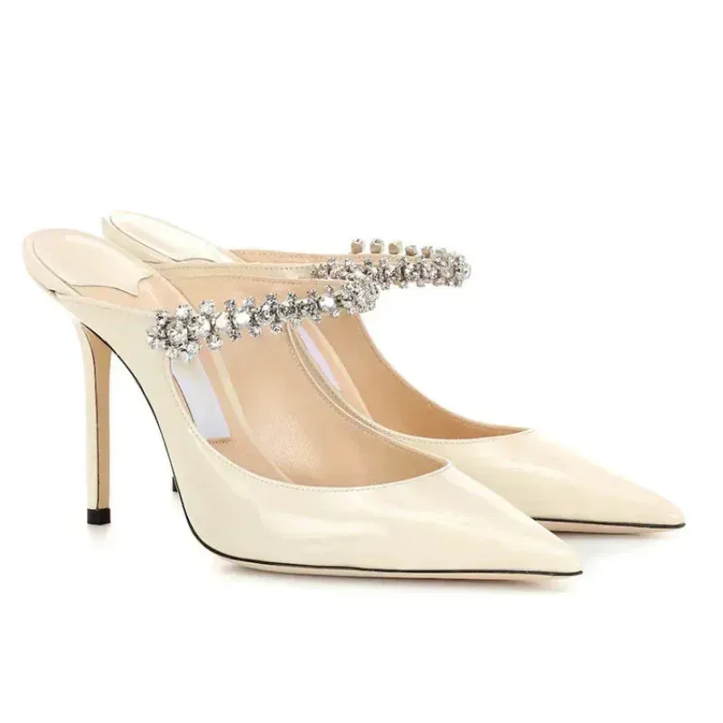 Pointed Toe Patent Diamante Strap Mule Heels