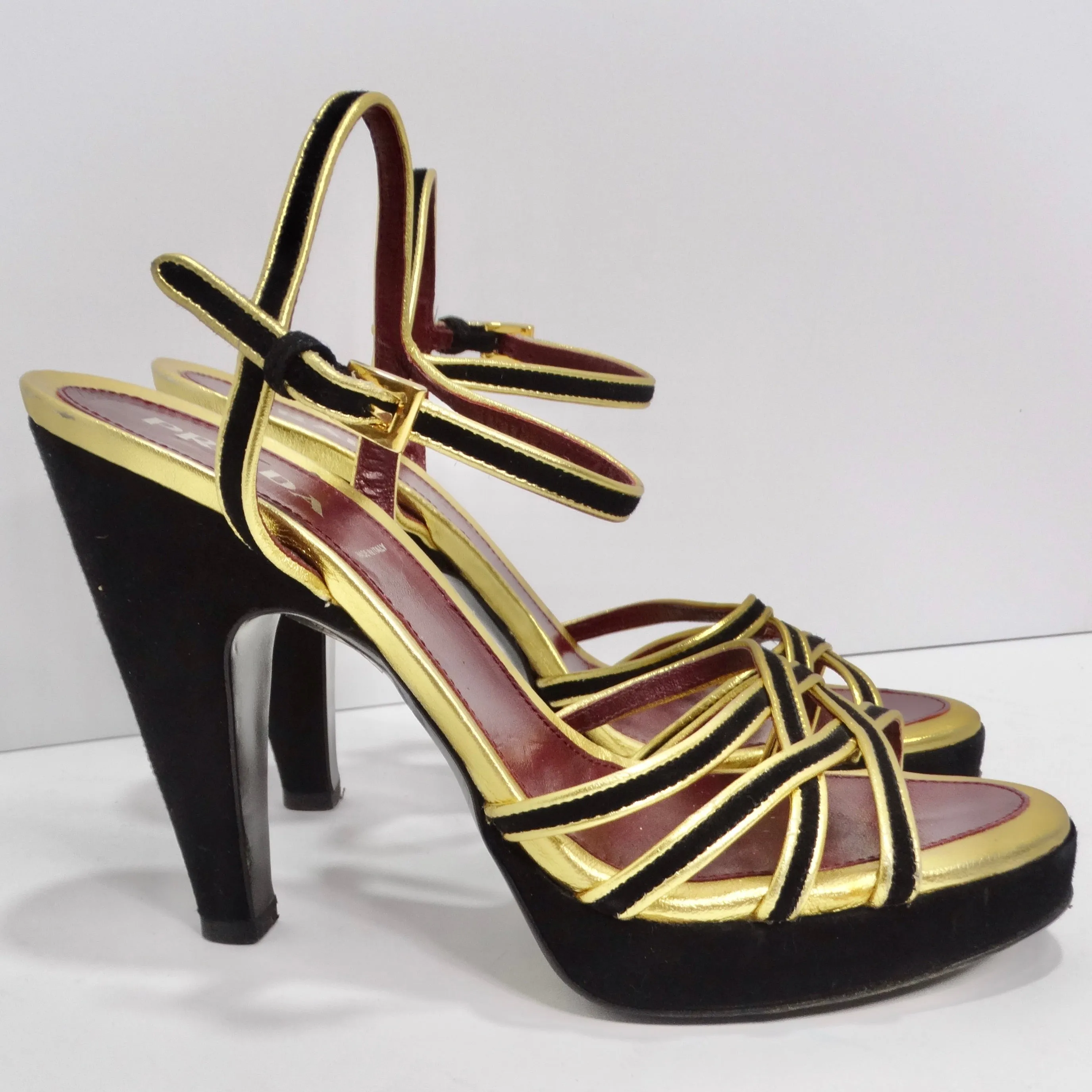 Prada Black Suede Metallic Gold Strappy Pumps