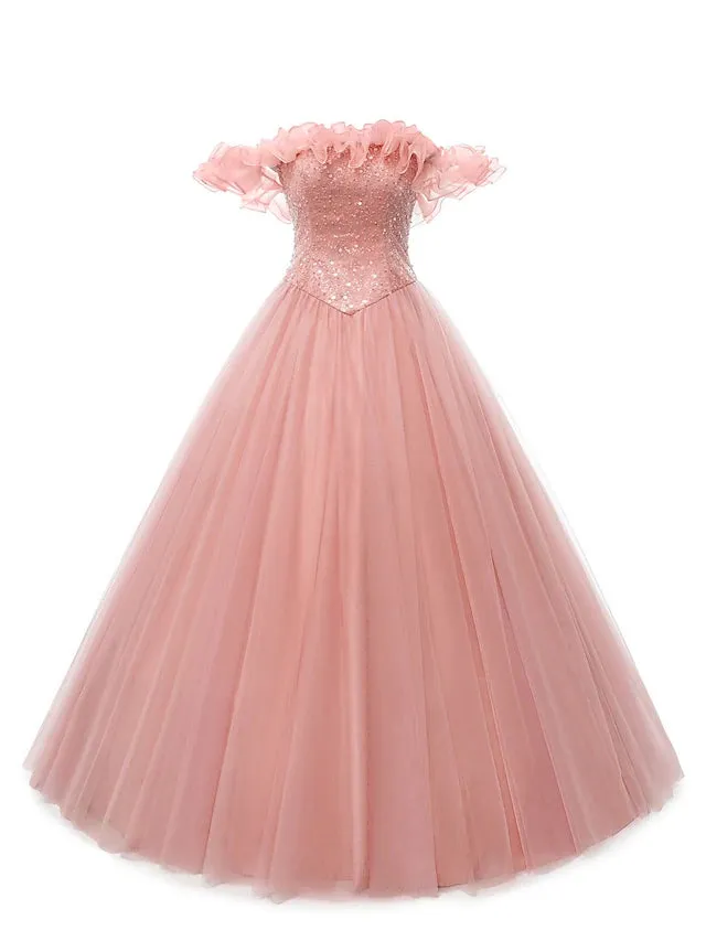 Prom Dresses Puffy Dress Quinceanera Floor Length Sleeveless Off Shoulder Tulle with Pearls Sequin