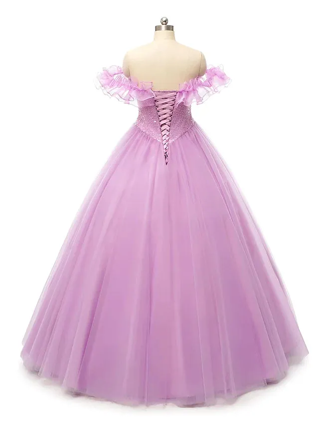 Prom Dresses Puffy Dress Quinceanera Floor Length Sleeveless Off Shoulder Tulle with Pearls Sequin