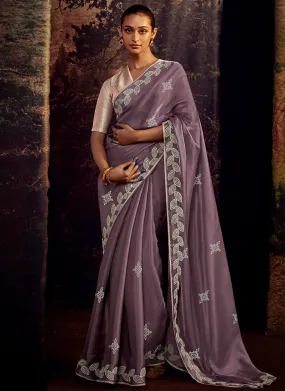 Purple And Pink Embroidered Organza Silk Saree