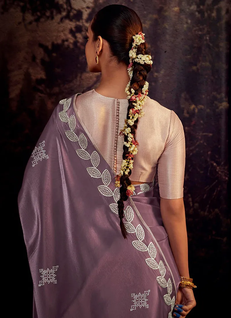 Purple And Pink Embroidered Organza Silk Saree