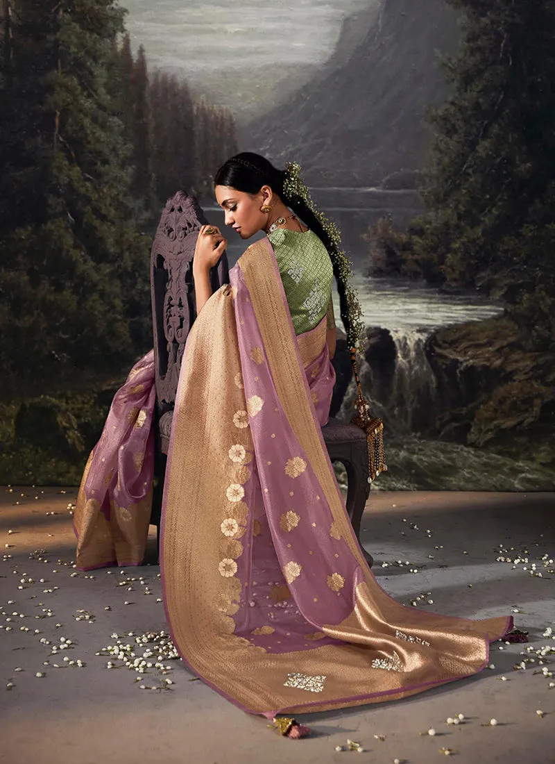 Purple Golden Crystal Stone Embellished Brocade Silk Saree