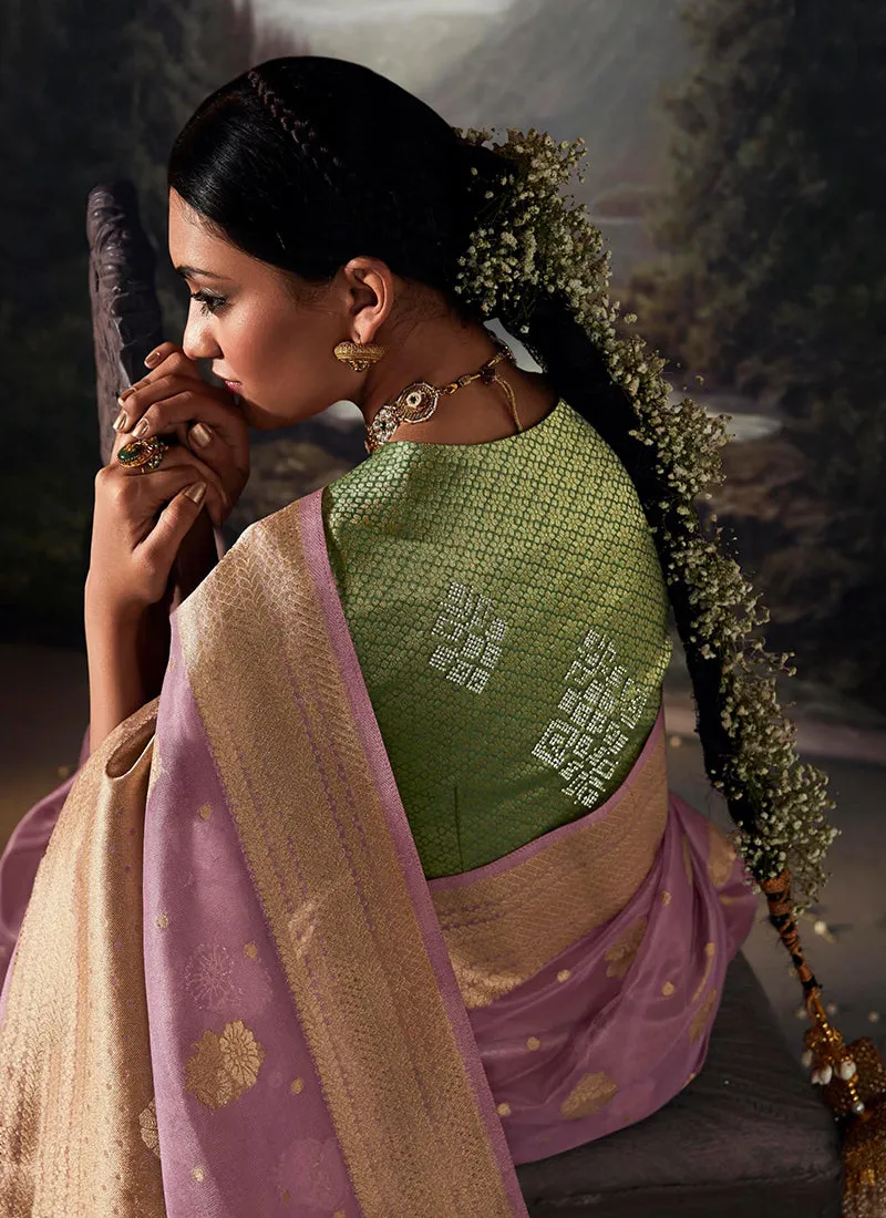 Purple Golden Crystal Stone Embellished Brocade Silk Saree