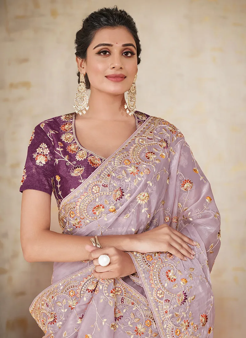 Purple Two Tone Embroidered Traditional Wedding Saree