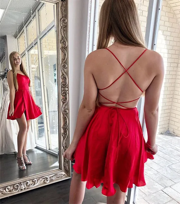 Red A-line Scoop Neck Cross Back Spaghetti Straps Homecoming Dresses, SH541