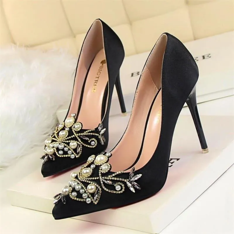 Rhinestone High Heels Pointed Toe Crystal Pearl Party ShoesPumps