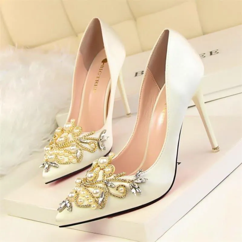 Rhinestone High Heels Pointed Toe Crystal Pearl Party ShoesPumps