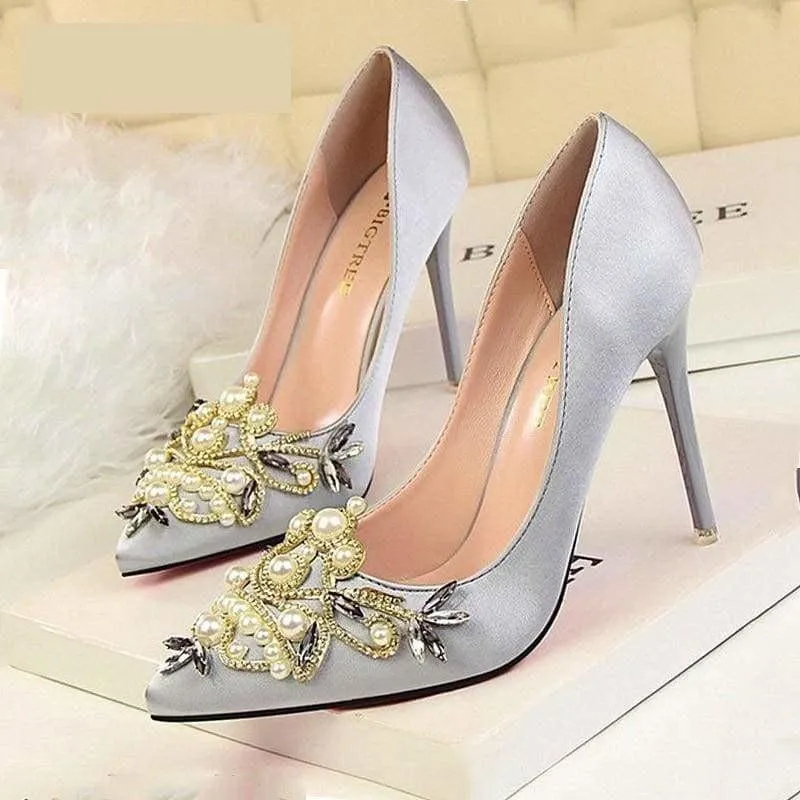 Rhinestone High Heels Pointed Toe Crystal Pearl Party ShoesPumps