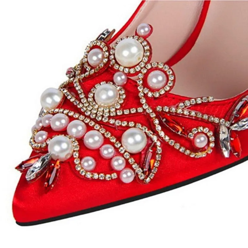 Rhinestone High Heels Pointed Toe Crystal Pearl Party ShoesPumps