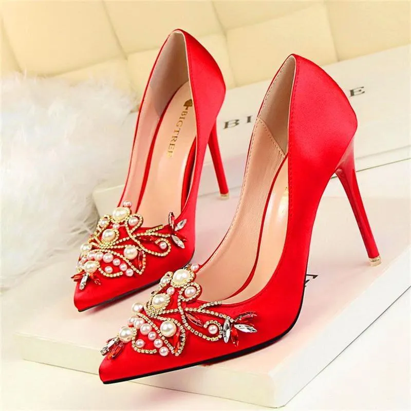 Rhinestone High Heels Pointed Toe Crystal Pearl Party ShoesPumps