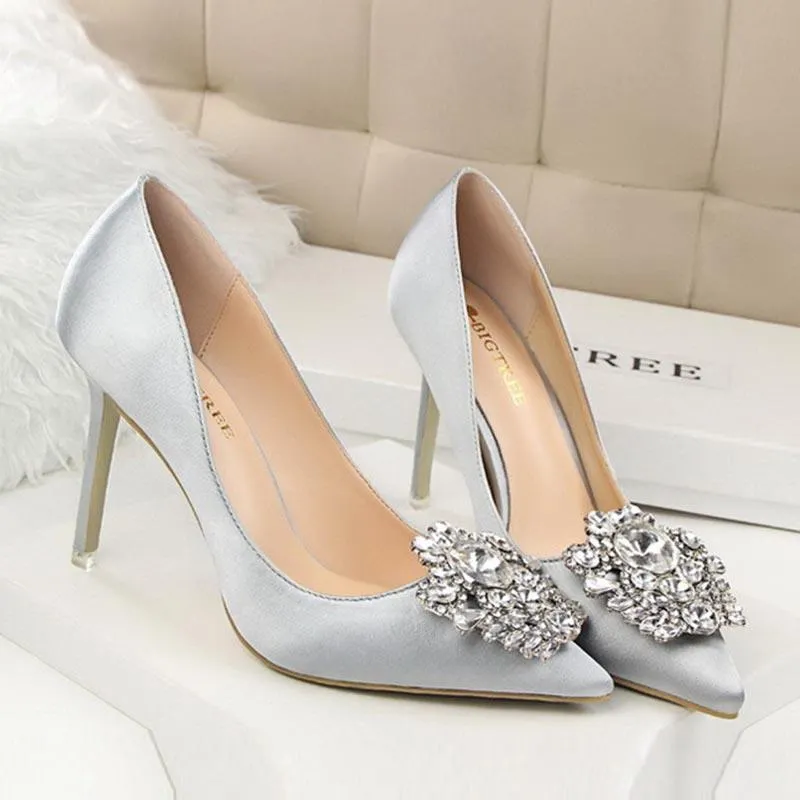 Rhinestone Satin Pointed High Heels