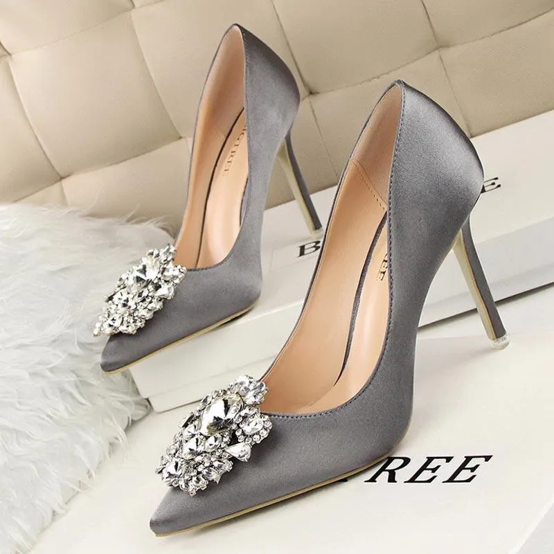 Rhinestone Satin Pointed High Heels