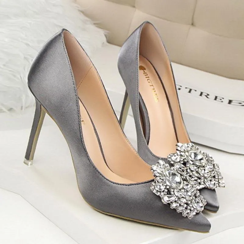 Rhinestone Satin Pointed High Heels