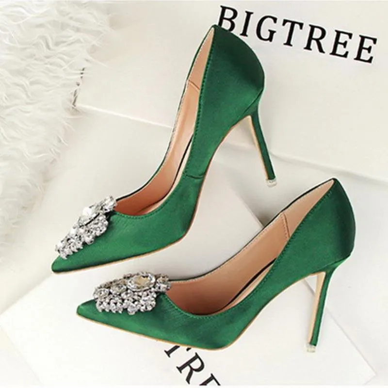 Rhinestone Satin Pointed High Heels