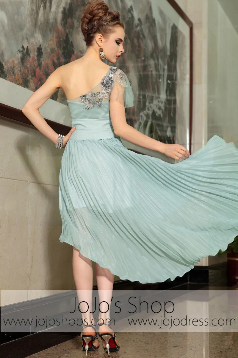 Sage Green One Shoulder Hi Low Bridesmaid Prom Evening Cocktail Dress DQ86065