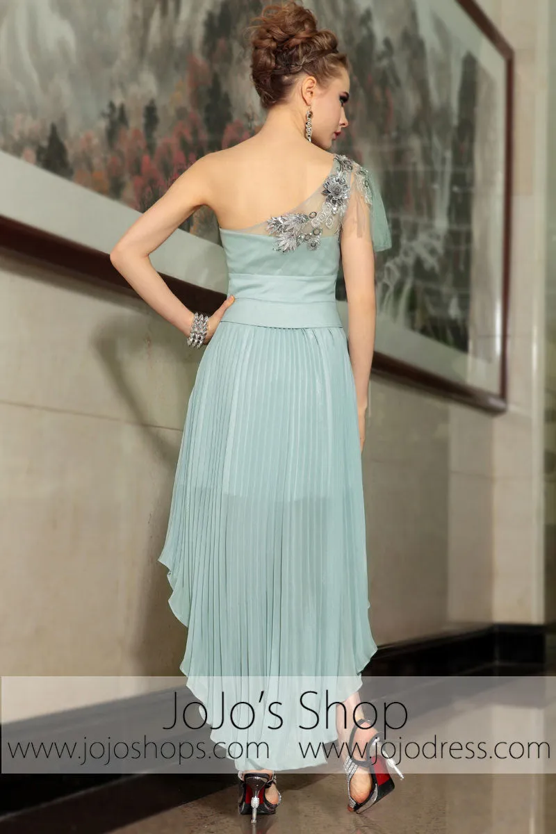 Sage Green One Shoulder Hi Low Bridesmaid Prom Evening Cocktail Dress DQ86065