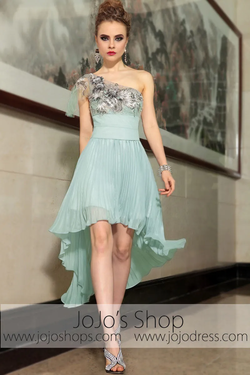 Sage Green One Shoulder Hi Low Bridesmaid Prom Evening Cocktail Dress DQ86065