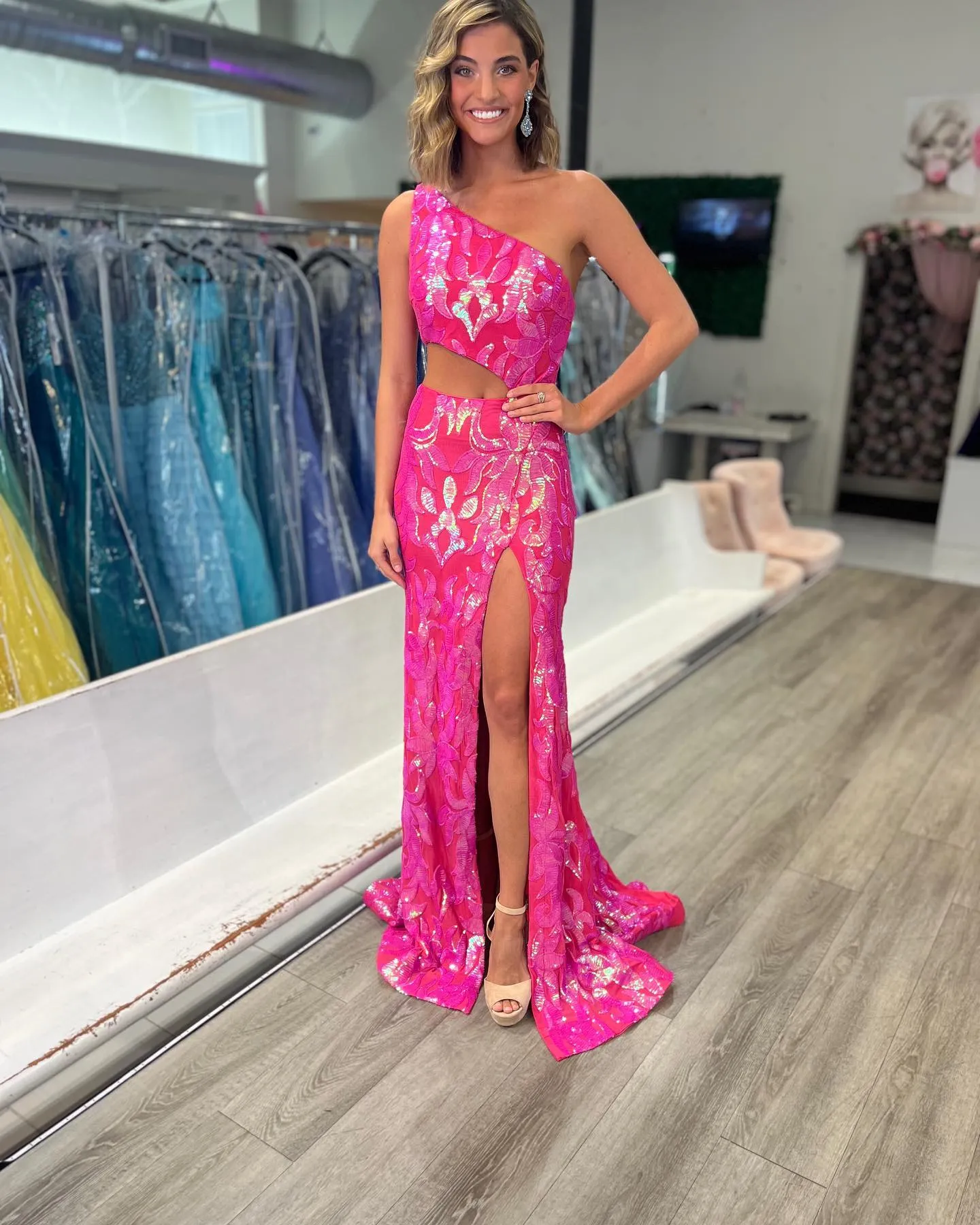 Sequin Fitted One Shoulder Slit Gown by Jovani 22853