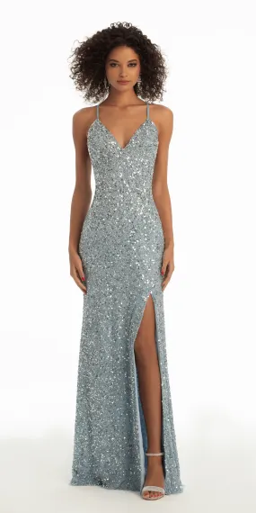 Sequin X Back V Neck Column Dress with Side Slit