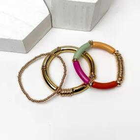 Set of Three | Bahama Nights Gold Tone Tube Bracelet Set in Multicolor