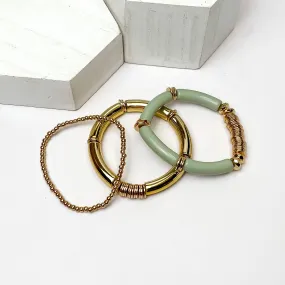 Set of Three | Bahama Nights Gold Tone Tube Bracelet Set in Sage Green