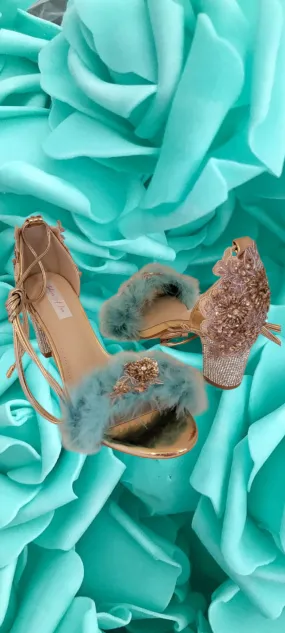 Sexy "DUCHESS VANJA" Ocean Blue-Green Feather Crystal Diamante Lace Ankle Strap Heels