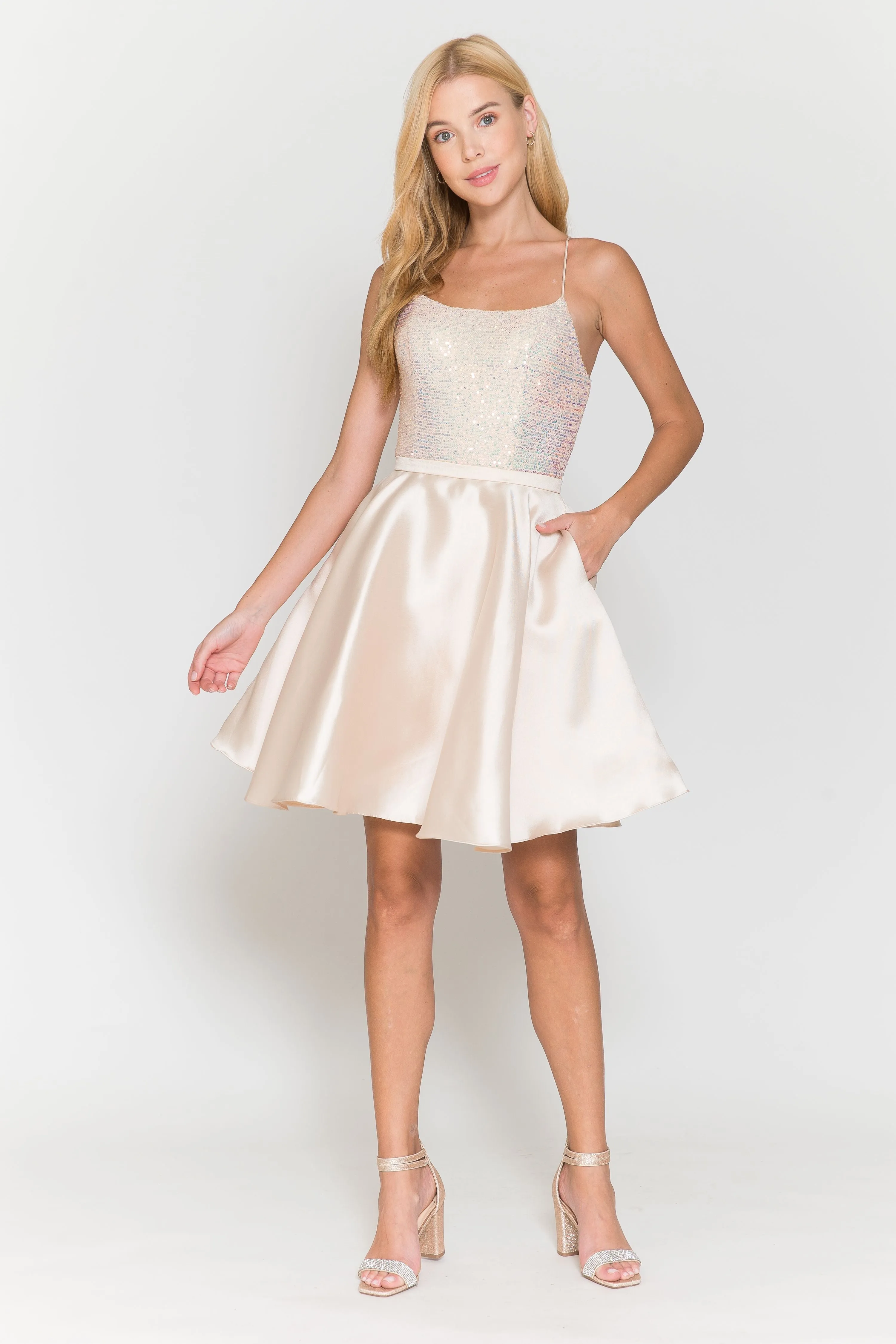 Short Sequin Bodice A-line Dress by Poly USA 8730