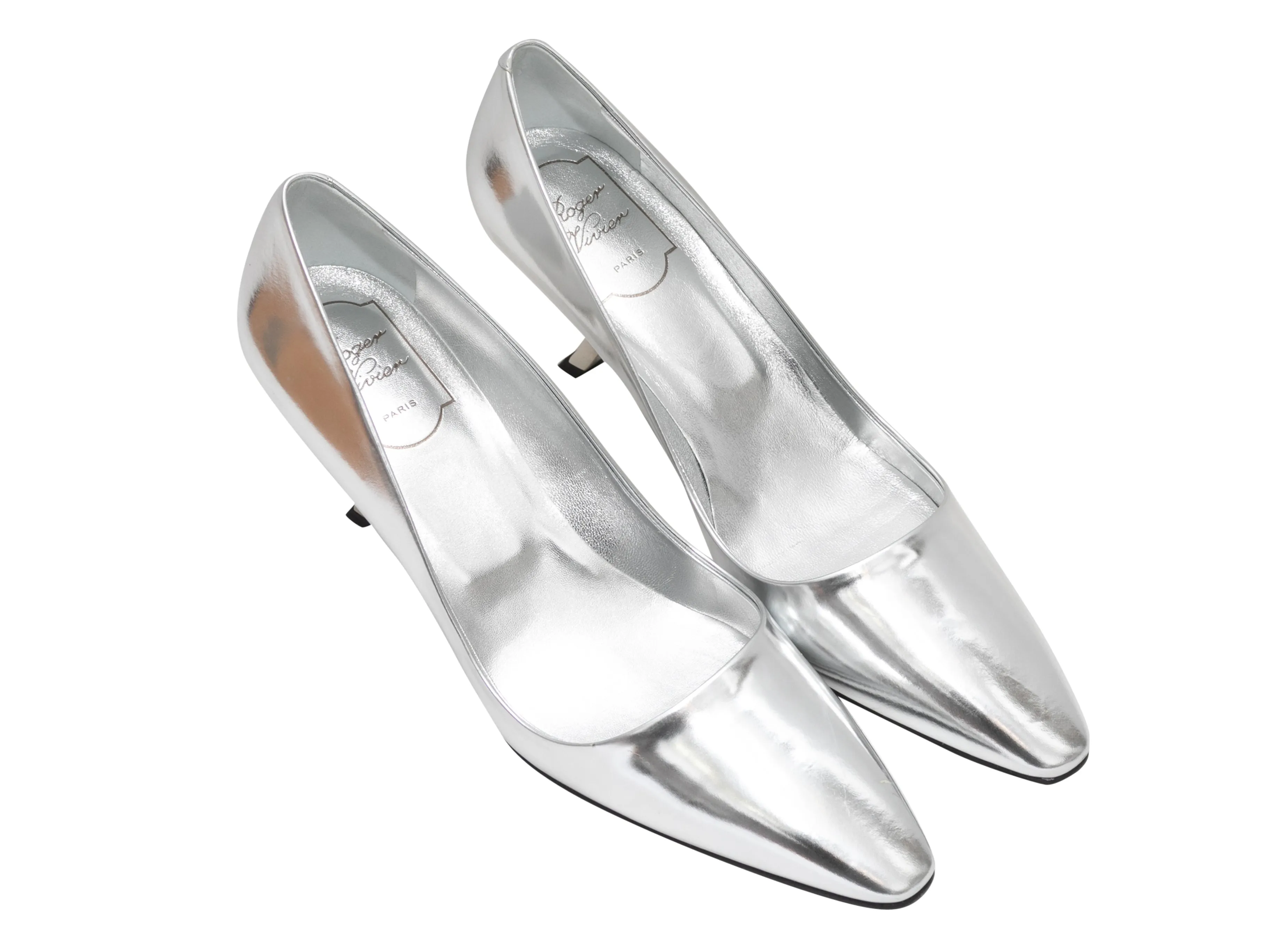 Silver Roger Vivier Patent Pointed-Toe Comma Heels Size 39