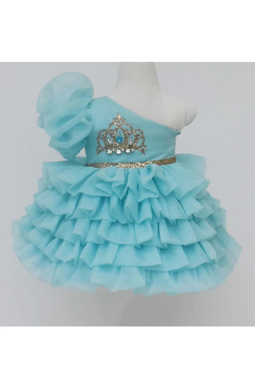 Sky blue one shoulder organza frock