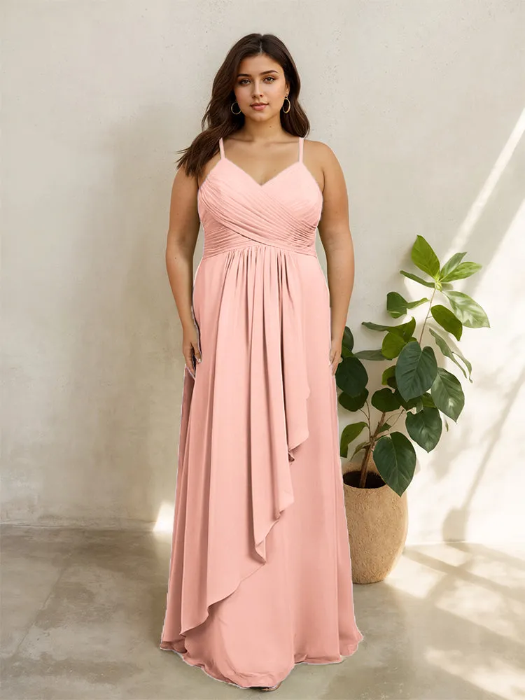 Spaghetti Straps Floor Length Plus Size V-neck Bridesmaid Dresses with Slit