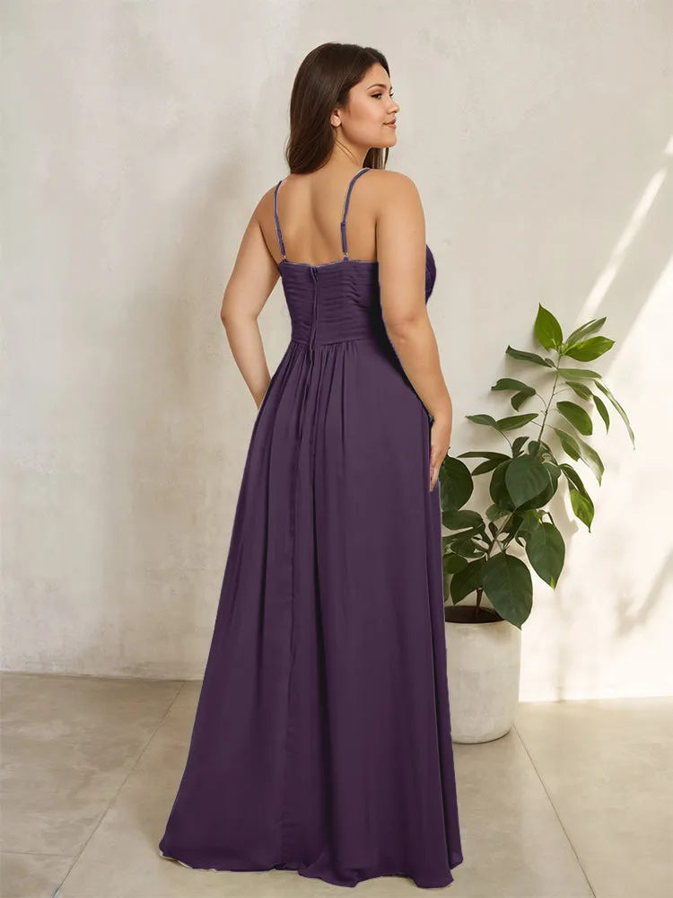 Spaghetti Straps Floor Length Plus Size V-neck Bridesmaid Dresses with Slit