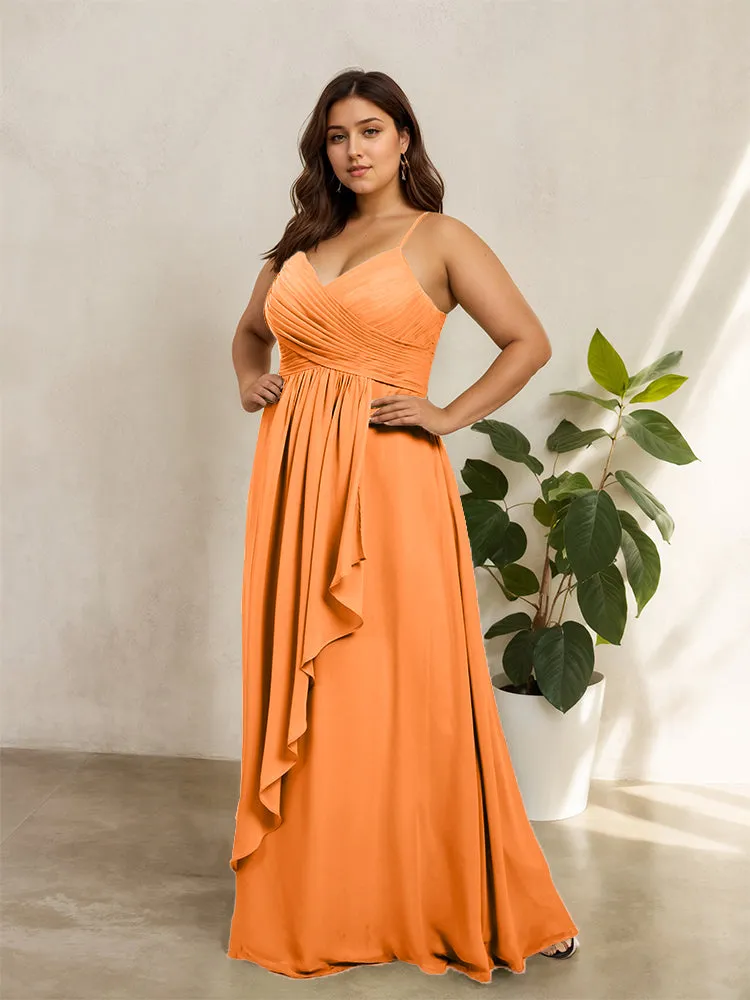 Spaghetti Straps Floor Length Plus Size V-neck Bridesmaid Dresses with Slit