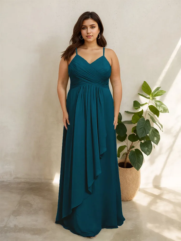 Spaghetti Straps Floor Length Plus Size V-neck Bridesmaid Dresses with Slit