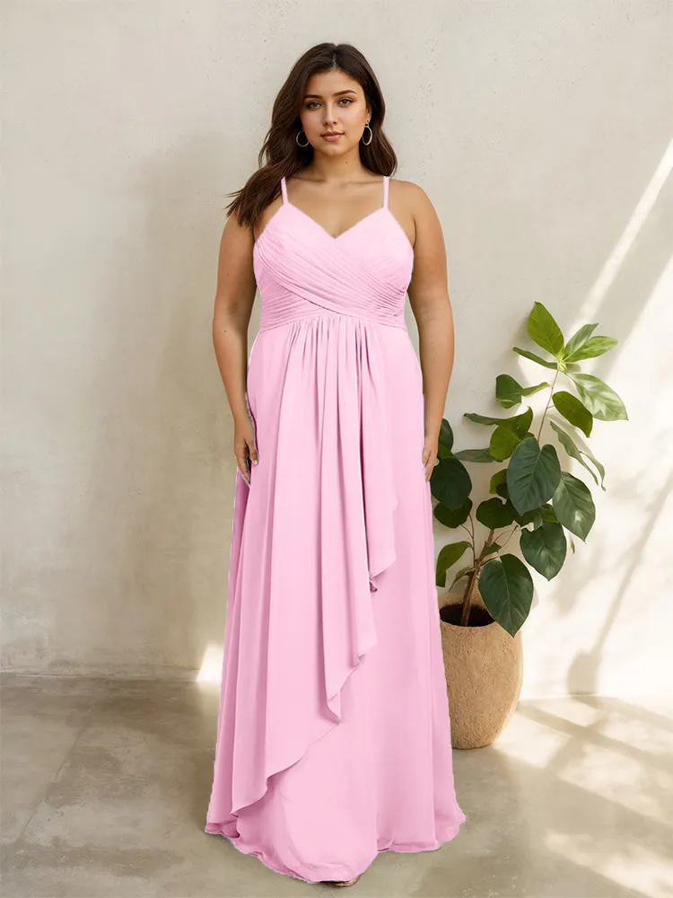 Spaghetti Straps Floor Length Plus Size V-neck Bridesmaid Dresses with Slit