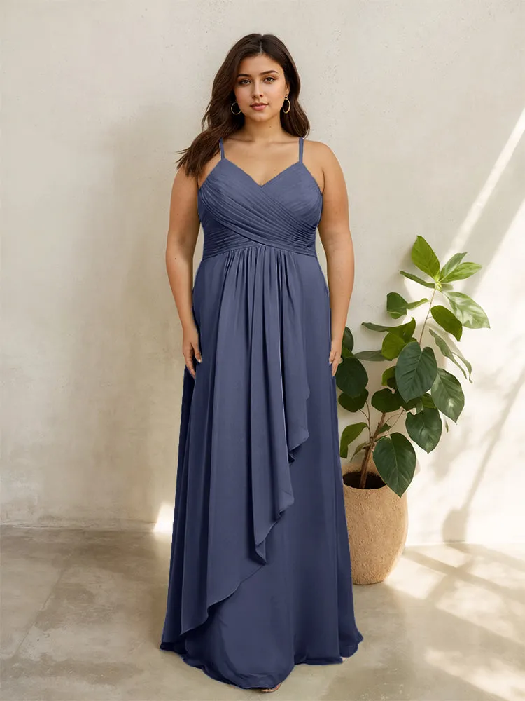 Spaghetti Straps Floor Length Plus Size V-neck Bridesmaid Dresses with Slit