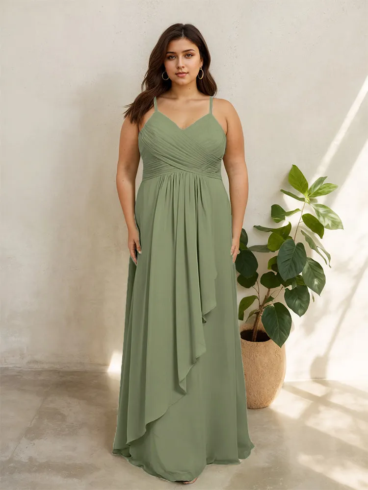 Spaghetti Straps Floor Length Plus Size V-neck Bridesmaid Dresses with Slit