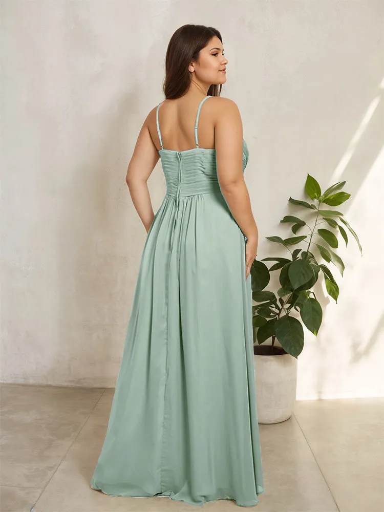 Spaghetti Straps Floor Length Plus Size V-neck Bridesmaid Dresses with Slit