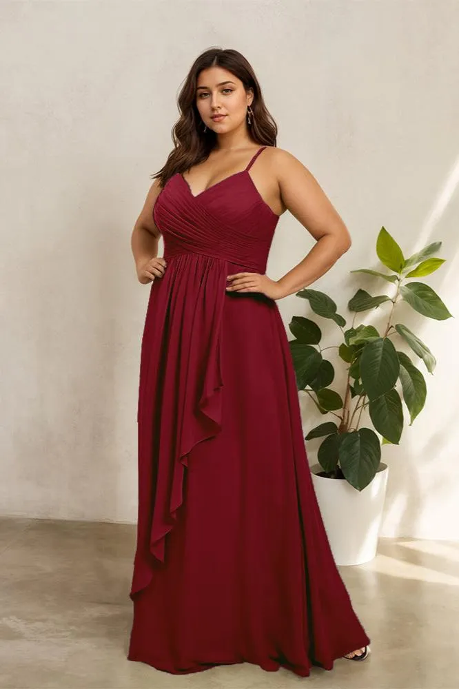 Spaghetti Straps Floor Length Plus Size V-neck Bridesmaid Dresses with Slit