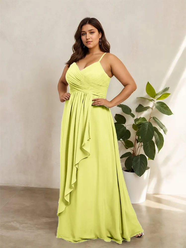 Spaghetti Straps Floor Length Plus Size V-neck Bridesmaid Dresses with Slit