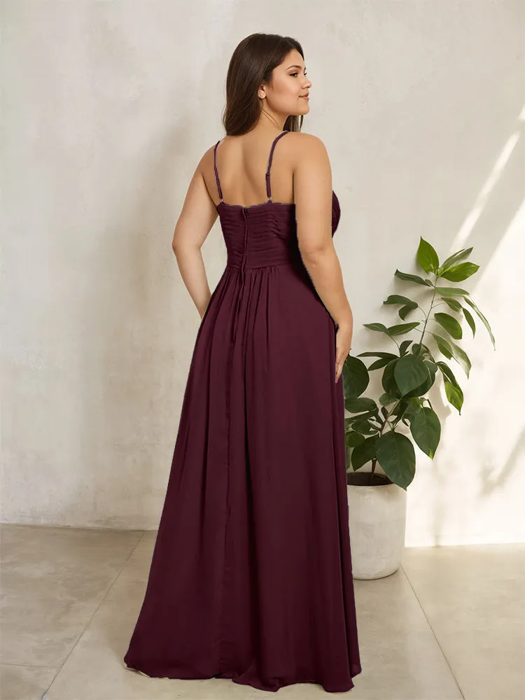 Spaghetti Straps Floor Length Plus Size V-neck Bridesmaid Dresses with Slit